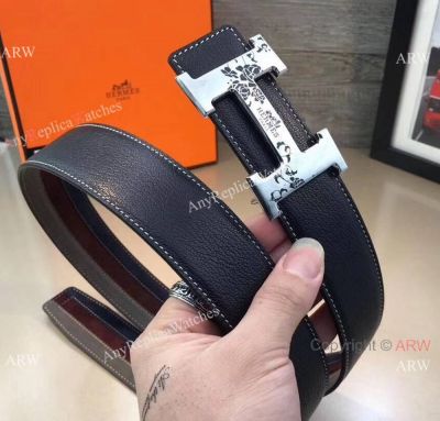 New Replica Hermes Paris Mens Black Leather Belt Flower Pattern Buckle
